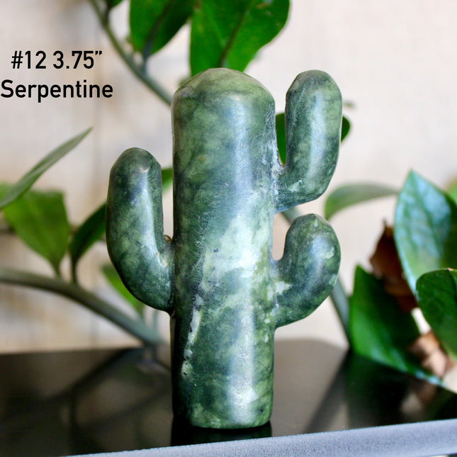 Green Stone Cactus Carvings – Moss Agate, Prehnite, and Serpentine Polished Stone Cactus Sculptures, You Pick Your Exact Carving