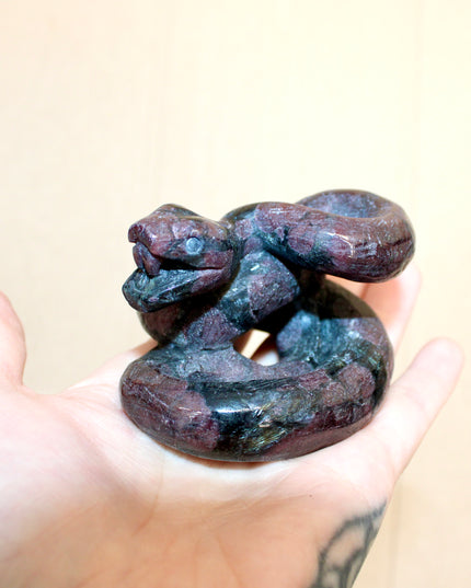 Large Garnet Striking Snake Carving - Carved Natural Stone Snake Sculpture, Polished Garnet Decorative Display Piece