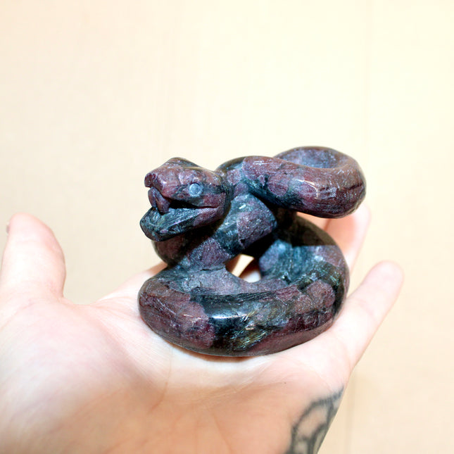 Large Garnet Striking Snake Carving - Carved Natural Stone Snake Sculpture, Polished Garnet Decorative Display Piece