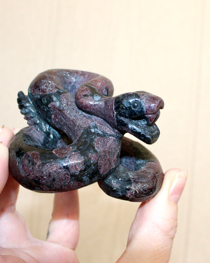 Large Garnet Striking Snake Carving - Carved Natural Stone Snake Sculpture, Polished Garnet Decorative Display Piece