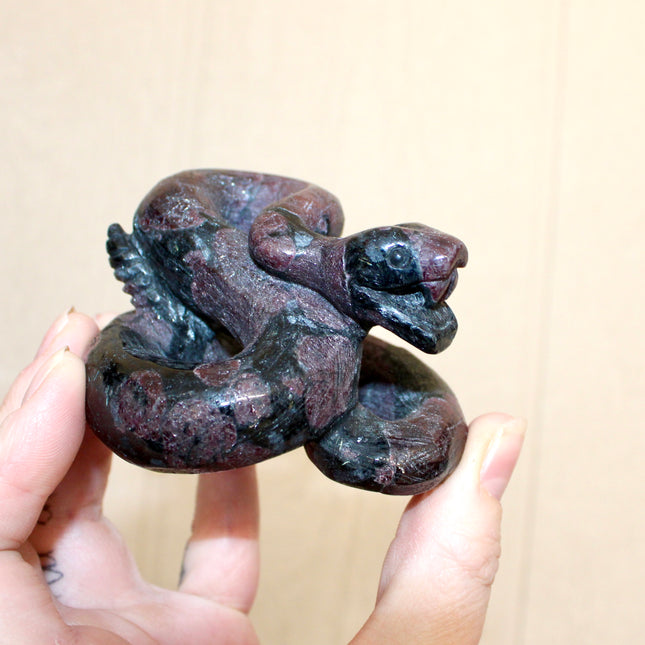 Large Garnet Striking Snake Carving - Carved Natural Stone Snake Sculpture, Polished Garnet Decorative Display Piece