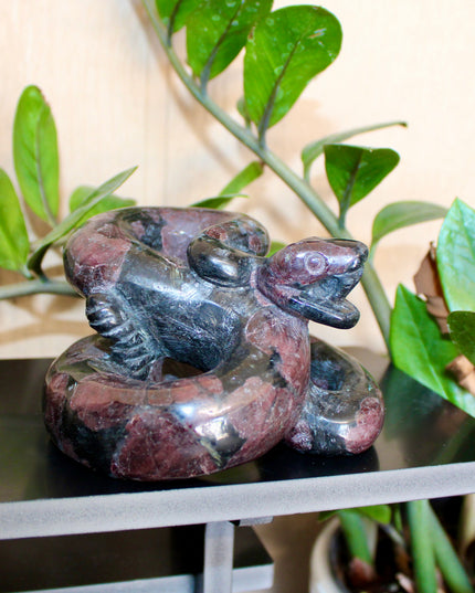 Large Garnet Striking Snake Carving - Carved Natural Stone Snake Sculpture, Polished Garnet Decorative Display Piece