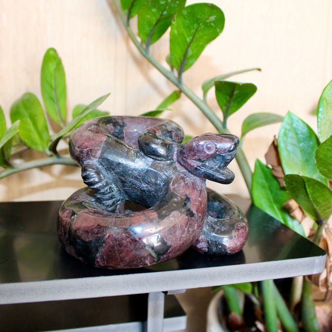 Large Garnet Striking Snake Carving - Carved Natural Stone Snake Sculpture, Polished Garnet Decorative Display Piece