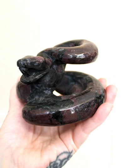 Large Garnet Striking Snake Carving - Carved Natural Stone Snake Sculpture, Polished Garnet Decorative Display Piece