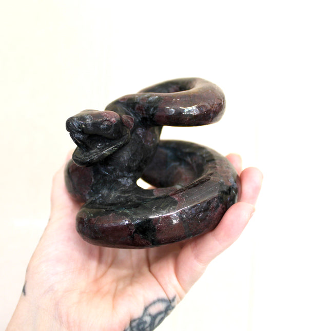 Large Garnet Striking Snake Carving - Carved Natural Stone Snake Sculpture, Polished Garnet Decorative Display Piece