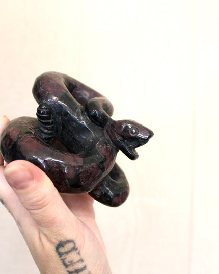 Large Garnet Striking Snake Carving - Carved Natural Stone Snake Sculpture, Polished Garnet Decorative Display Piece
