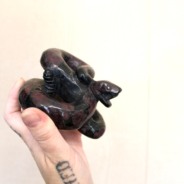 Large Garnet Striking Snake Carving - Carved Natural Stone Snake Sculpture, Polished Garnet Decorative Display Piece