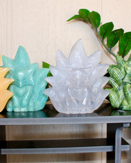 Carved Fox Figurine in a Variety of Natural Stones - Nine-Tailed Fox Stone Carving, You Pick! Aventurine, Orange Calcite, Quartz, Amazonite