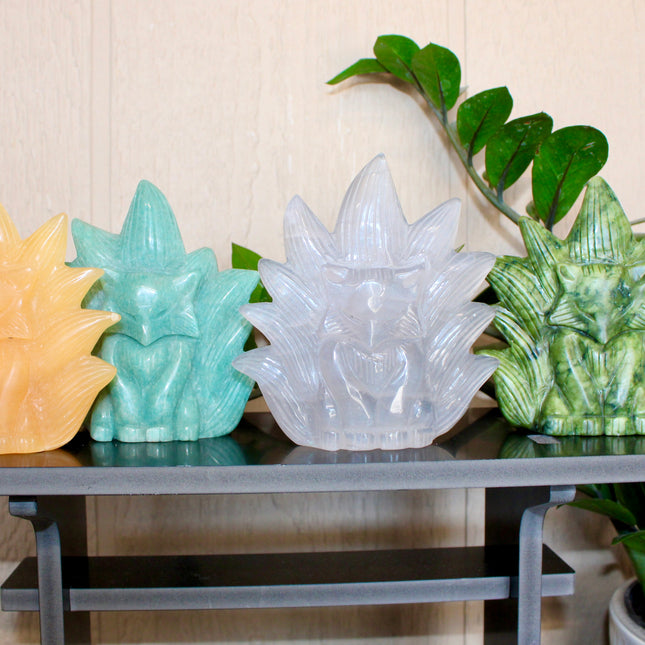 Carved Fox Figurine in a Variety of Natural Stones - Nine-Tailed Fox Stone Carving, You Pick! Aventurine, Orange Calcite, Quartz, Amazonite