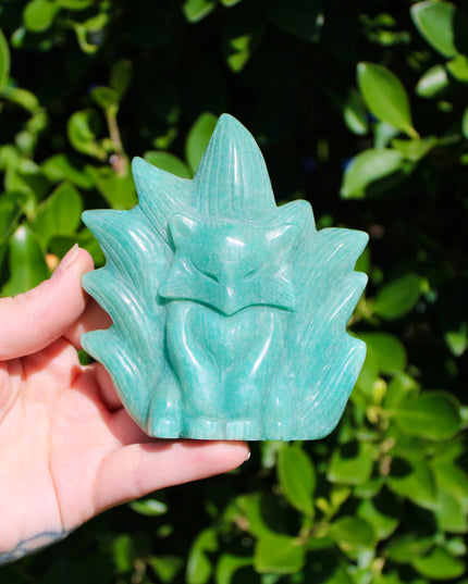 Carved Fox Figurine in a Variety of Natural Stones - Nine-Tailed Fox Stone Carving, You Pick! Aventurine, Orange Calcite, Quartz, Amazonite