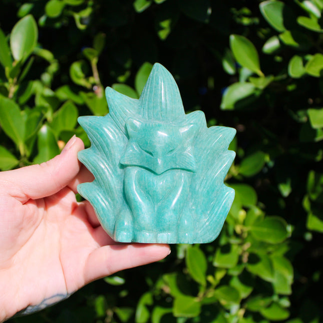 Carved Fox Figurine in a Variety of Natural Stones - Nine-Tailed Fox Stone Carving, You Pick! Aventurine, Orange Calcite, Quartz, Amazonite