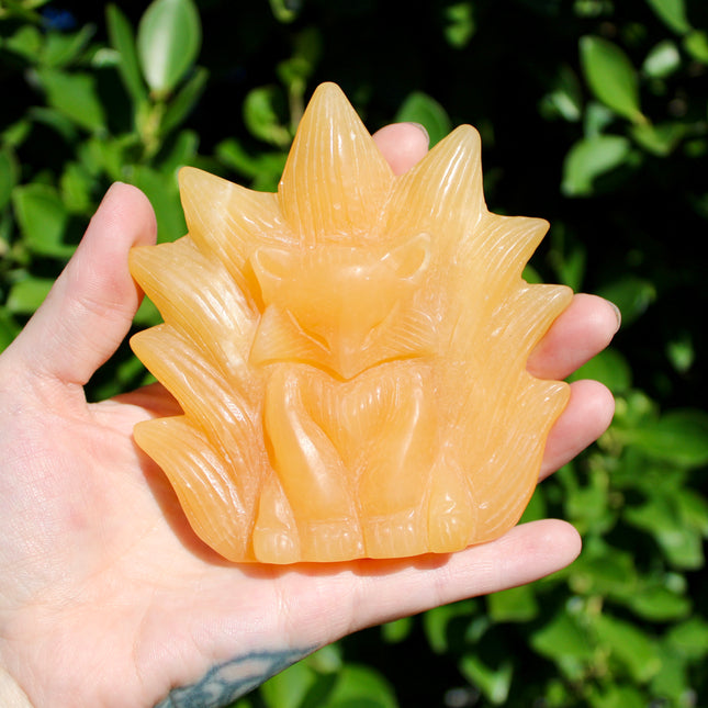 Carved Fox Figurine in a Variety of Natural Stones - Nine-Tailed Fox Stone Carving, You Pick! Aventurine, Orange Calcite, Quartz, Amazonite
