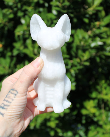 Large White Jade Sphynx Cat – Polished Shimmery Natural Stone Sitting Cat Carving