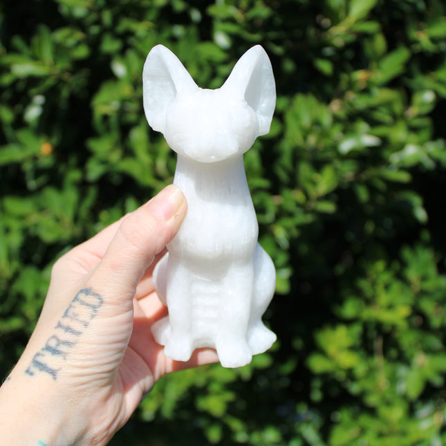 Large White Jade Sphynx Cat – Polished Shimmery Natural Stone Sitting Cat Carving
