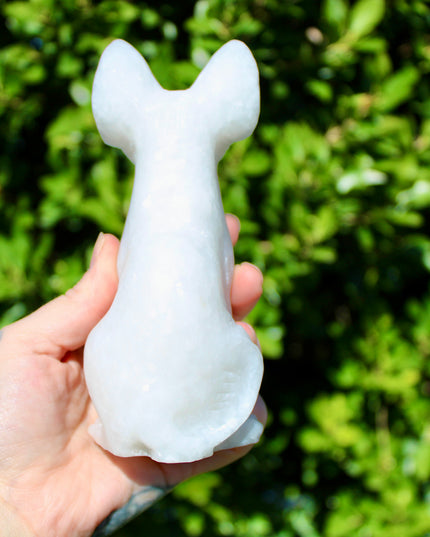 Large White Jade Sphynx Cat – Polished Shimmery Natural Stone Sitting Cat Carving