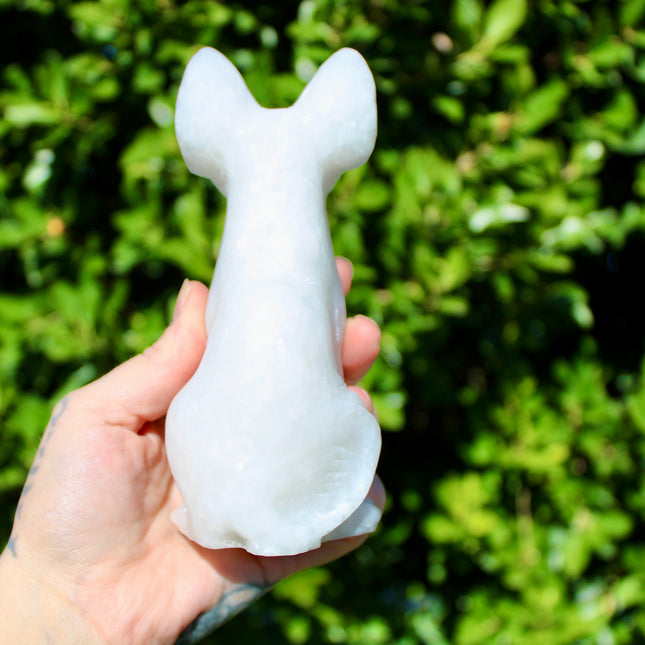 Large White Jade Sphynx Cat – Polished Shimmery Natural Stone Sitting Cat Carving