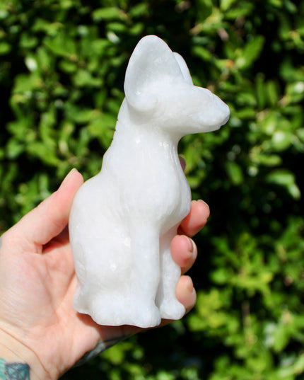Large White Jade Sphynx Cat – Polished Shimmery Natural Stone Sitting Cat Carving