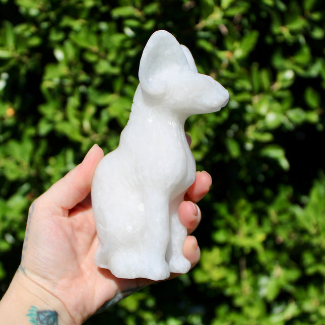 Large White Jade Sphynx Cat – Polished Shimmery Natural Stone Sitting Cat Carving