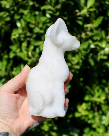 Large White Jade Sphynx Cat – Polished Shimmery Natural Stone Sitting Cat Carving
