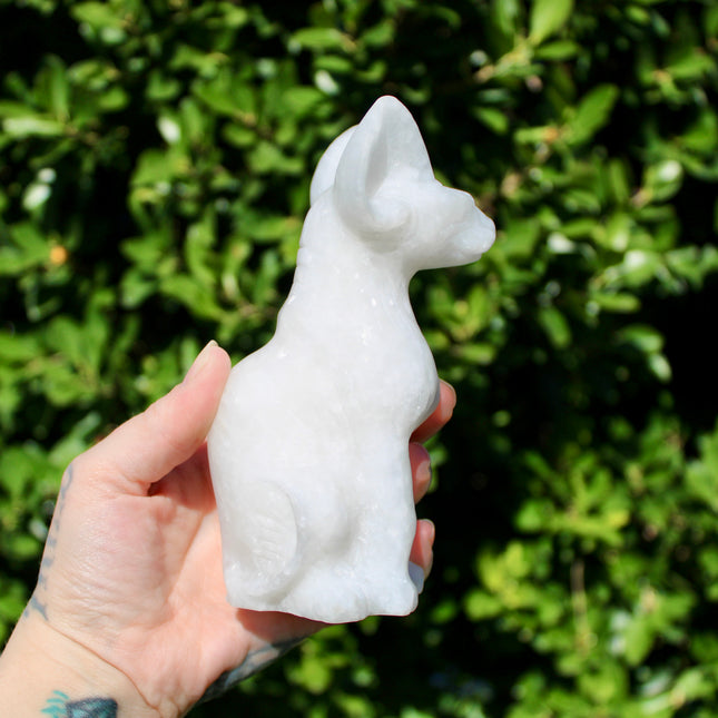 Large White Jade Sphynx Cat – Polished Shimmery Natural Stone Sitting Cat Carving