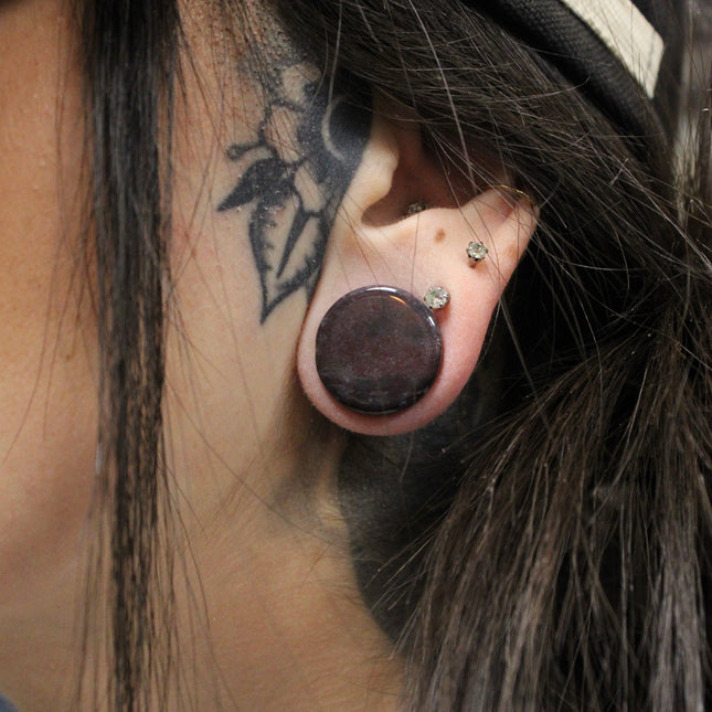 Unique Natural Hematite Black/Red Double Flared Plugs Pair One of a Kind - EC Plugs