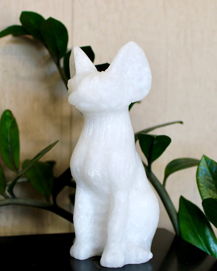 Large White Jade Sphynx Cat – Polished Shimmery Natural Stone Sitting Cat Carving