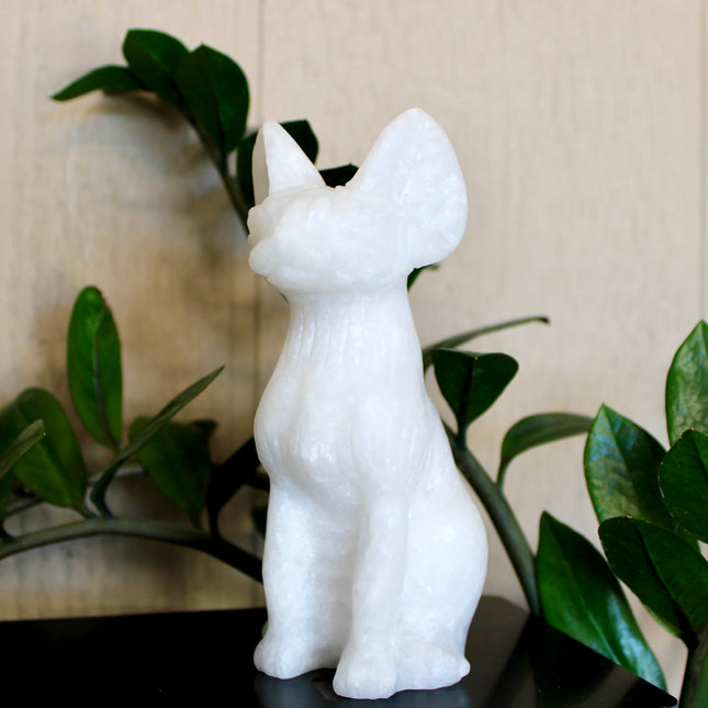 Large White Jade Sphynx Cat – Polished Shimmery Natural Stone Sitting Cat Carving