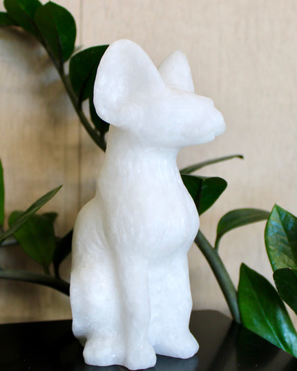 Large White Jade Sphynx Cat – Polished Shimmery Natural Stone Sitting Cat Carving