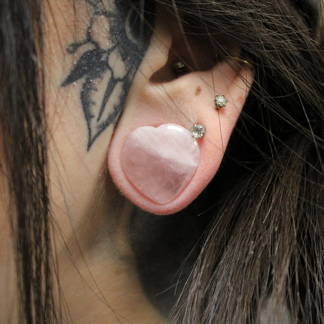 Rose Quartz Stone Pink Double Flare Heart Plugs 6mm-25mm
