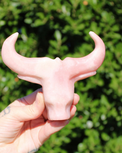 Pink Opal Cow Carving – Pink and White Natural Stone Animal Figurine, Polished Carved Cow Sculpture