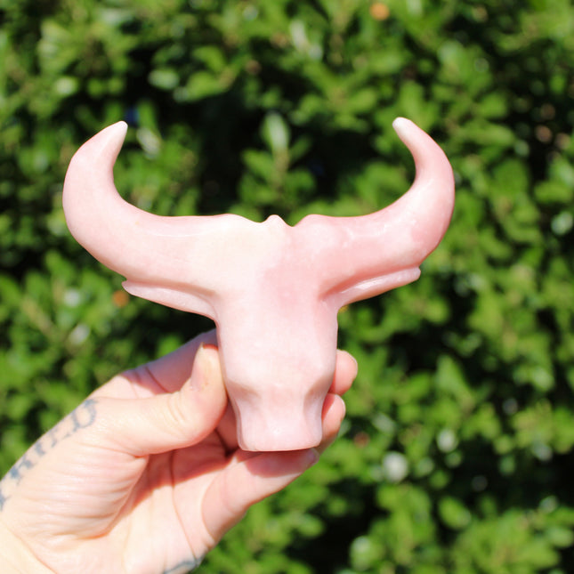 Pink Opal Cow Carving – Pink and White Natural Stone Animal Figurine, Polished Carved Cow Sculpture
