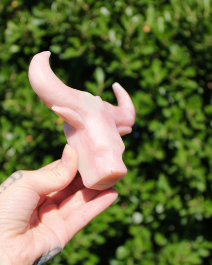 Pink Opal Cow Carving – Pink and White Natural Stone Animal Figurine, Polished Carved Cow Sculpture