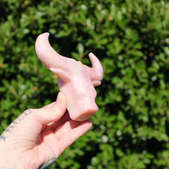 Pink Opal Cow Carving – Pink and White Natural Stone Animal Figurine, Polished Carved Cow Sculpture