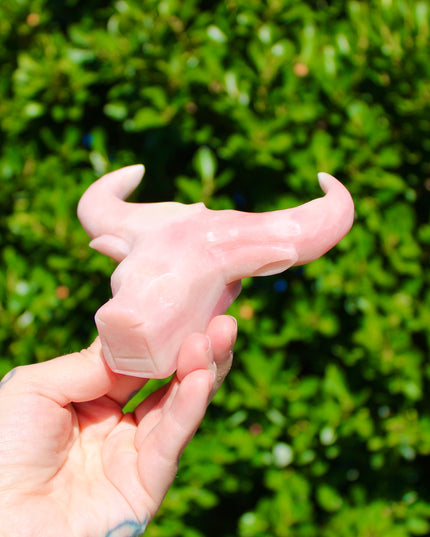 Pink Opal Cow Carving – Pink and White Natural Stone Animal Figurine, Polished Carved Cow Sculpture