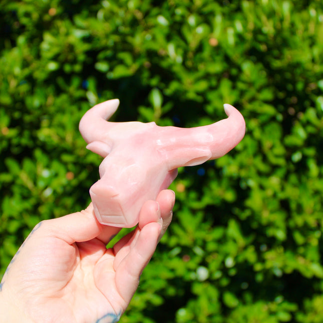 Pink Opal Cow Carving – Pink and White Natural Stone Animal Figurine, Polished Carved Cow Sculpture