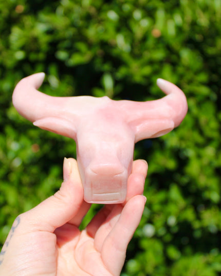 Pink Opal Cow Carving – Pink and White Natural Stone Animal Figurine, Polished Carved Cow Sculpture