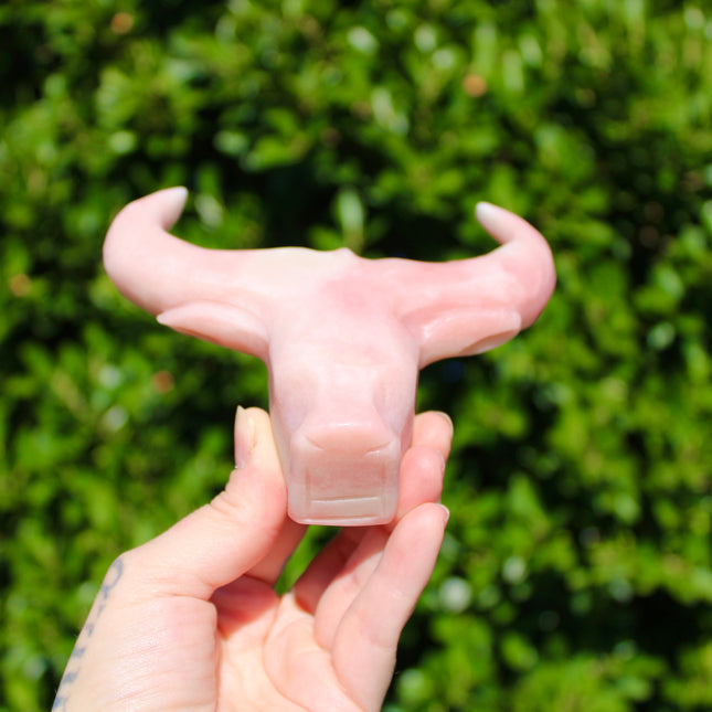 Pink Opal Cow Carving – Pink and White Natural Stone Animal Figurine, Polished Carved Cow Sculpture