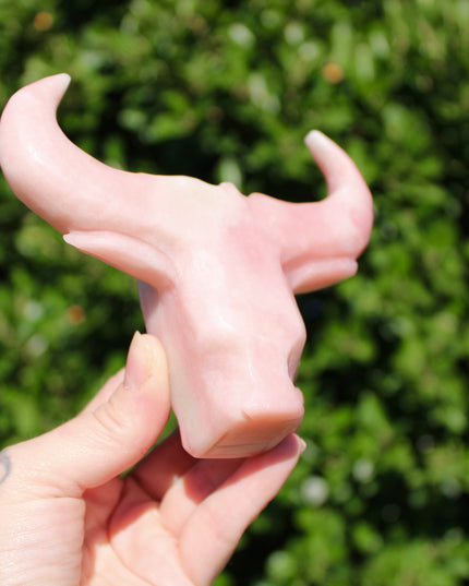Pink Opal Cow Carving – Pink and White Natural Stone Animal Figurine, Polished Carved Cow Sculpture