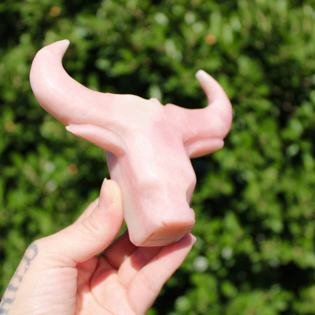 Pink Opal Cow Carving – Pink and White Natural Stone Animal Figurine, Polished Carved Cow Sculpture