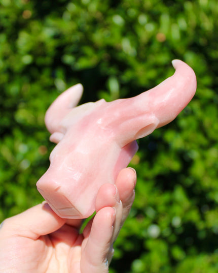 Pink Opal Cow Carving – Pink and White Natural Stone Animal Figurine, Polished Carved Cow Sculpture