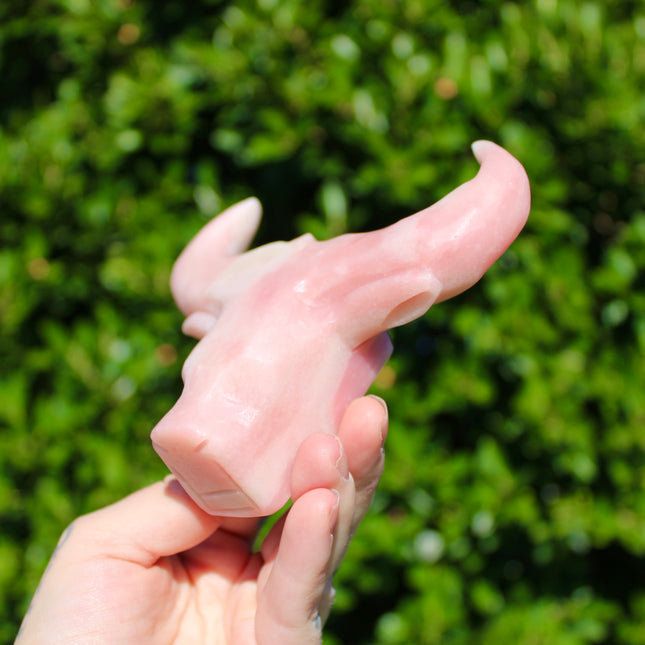 Pink Opal Cow Carving – Pink and White Natural Stone Animal Figurine, Polished Carved Cow Sculpture