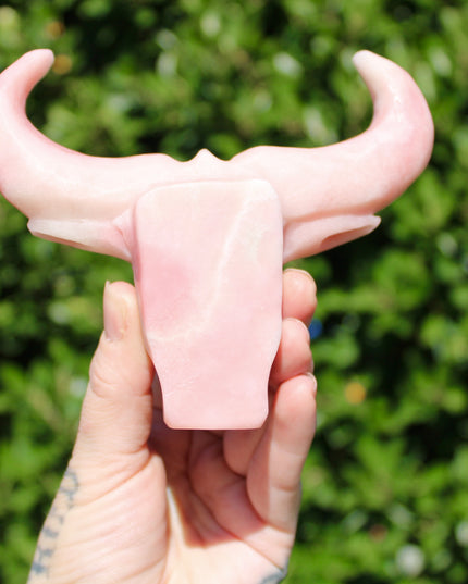 Pink Opal Cow Carving – Pink and White Natural Stone Animal Figurine, Polished Carved Cow Sculpture