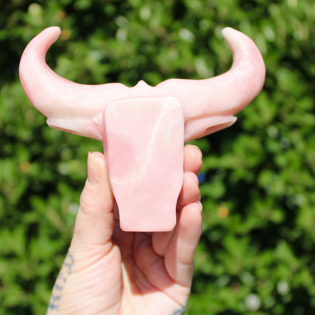 Pink Opal Cow Carving – Pink and White Natural Stone Animal Figurine, Polished Carved Cow Sculpture