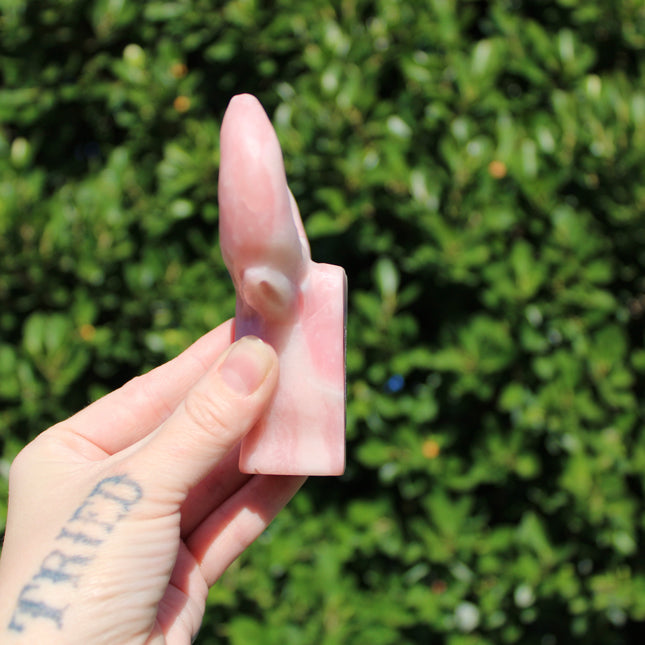 Pink Opal Cow Carving – Pink and White Natural Stone Animal Figurine, Polished Carved Cow Sculpture