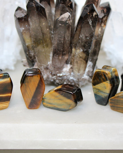 Tigers Eye Coffin Plugs Double Flare Stone Gauges Pair 8mm-25mm