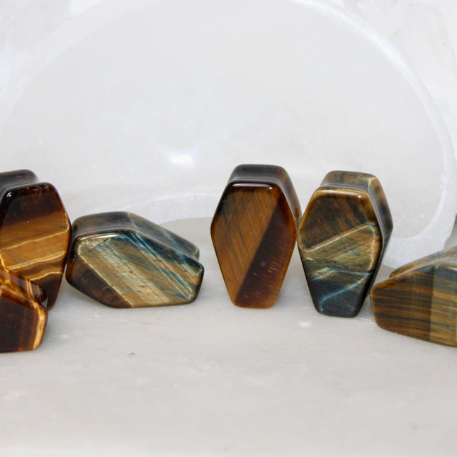 Tigers Eye Coffin Plugs Double Flare Stone Gauges Pair 8mm-25mm