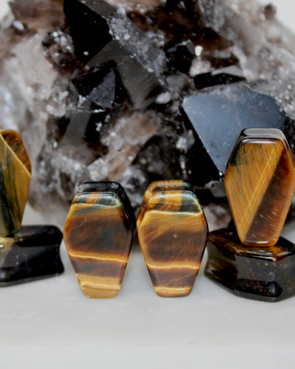 Tigers Eye Coffin Plugs Double Flare Stone Gauges Pair 8mm-25mm