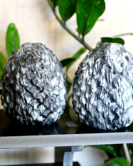 Picasso Stone Dragon Egg Carving – Black, White, and Gray Polished Jasper Natural Stone