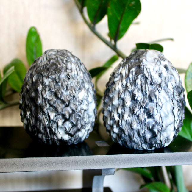 Picasso Stone Dragon Egg Carving – Black, White, and Gray Polished Jasper Natural Stone