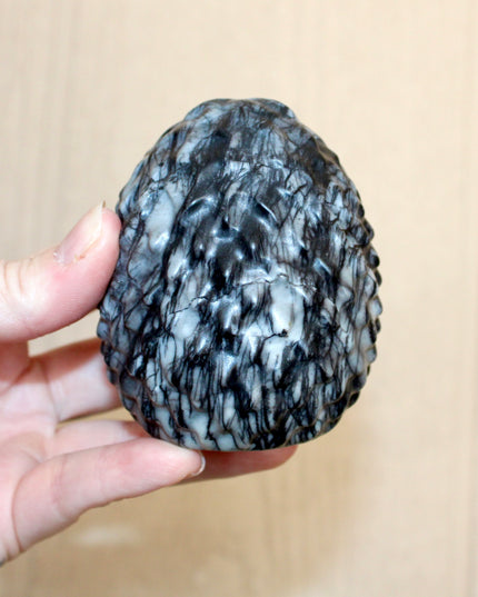 Picasso Stone Dragon Egg Carving – Black, White, and Gray Polished Jasper Natural Stone